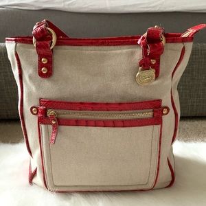 Brahmin tan canvas & red croc Melbourne tote